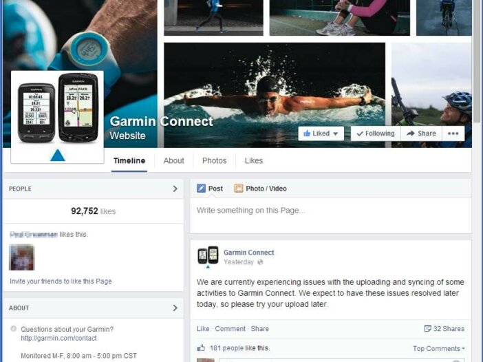 facebook page for Garmin Connect