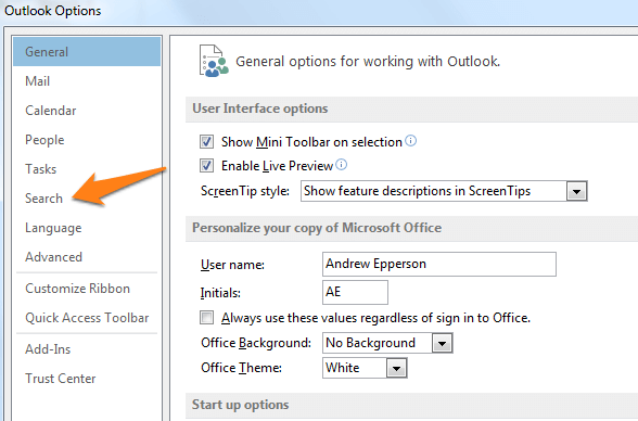 outlook 2013 options search