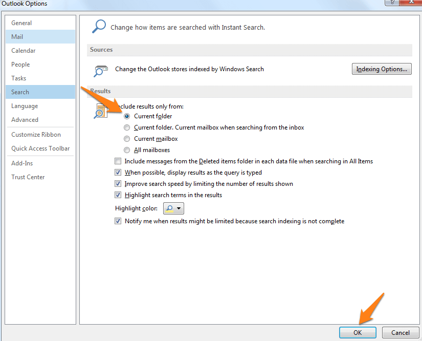 outlook 2013 search options current folder