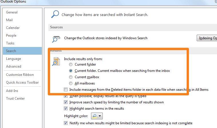 outlook 2013 search options defaults